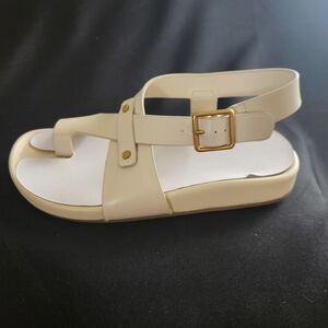 Franco Sarto Cream Buckle Strap Sandals with Gold Accent